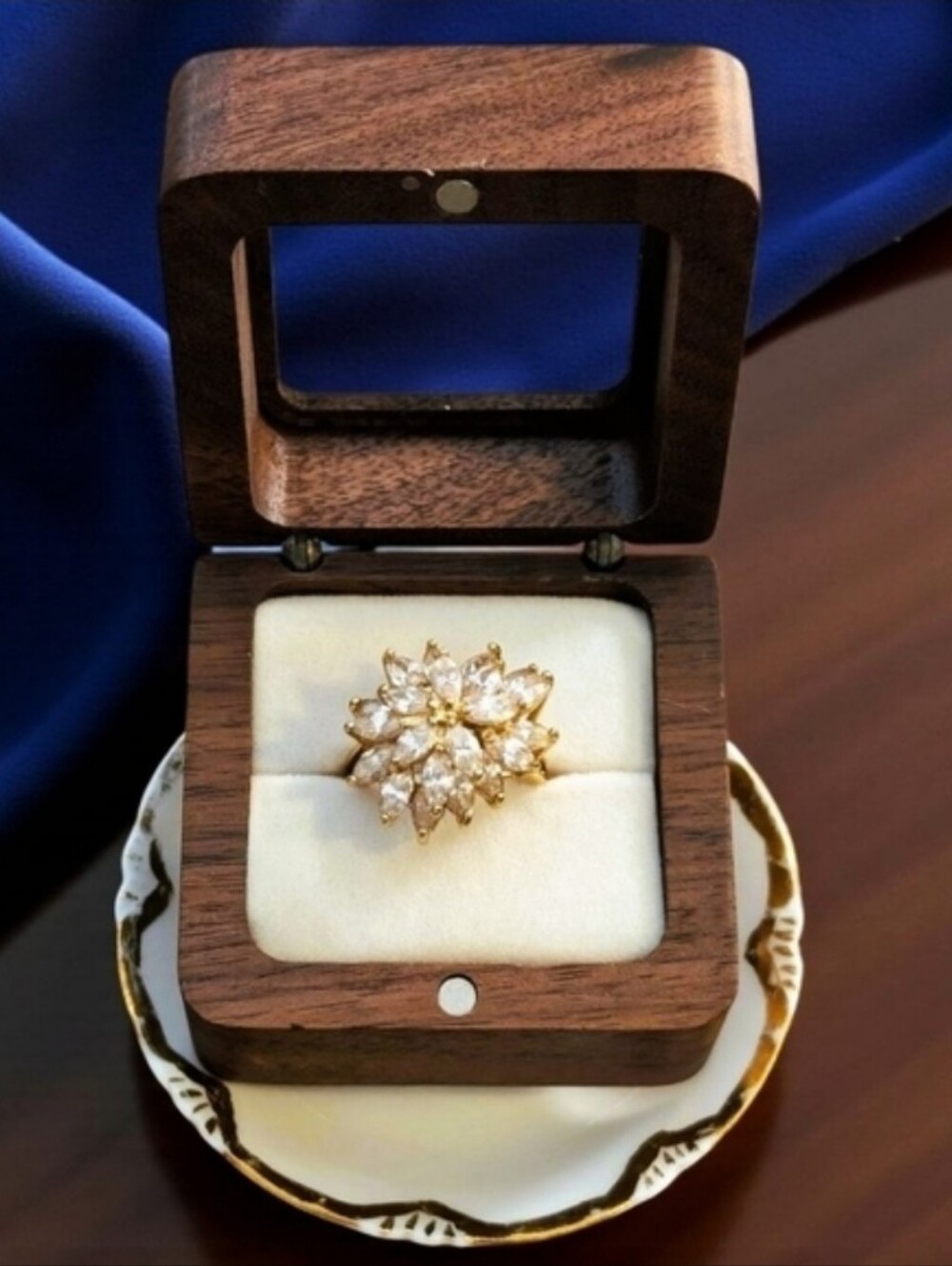 Gorgeous Gold-Plated Gemstone Cluster Flower Ring including Limoges Trinket Dish